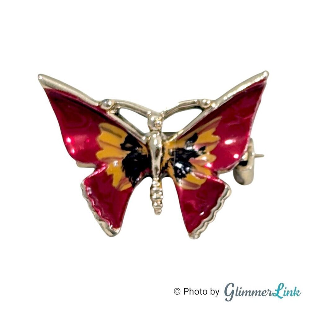 Vintage Red Enamel Butterfly Dainty Gold Tone Brooch Pin – Small Nature Gift